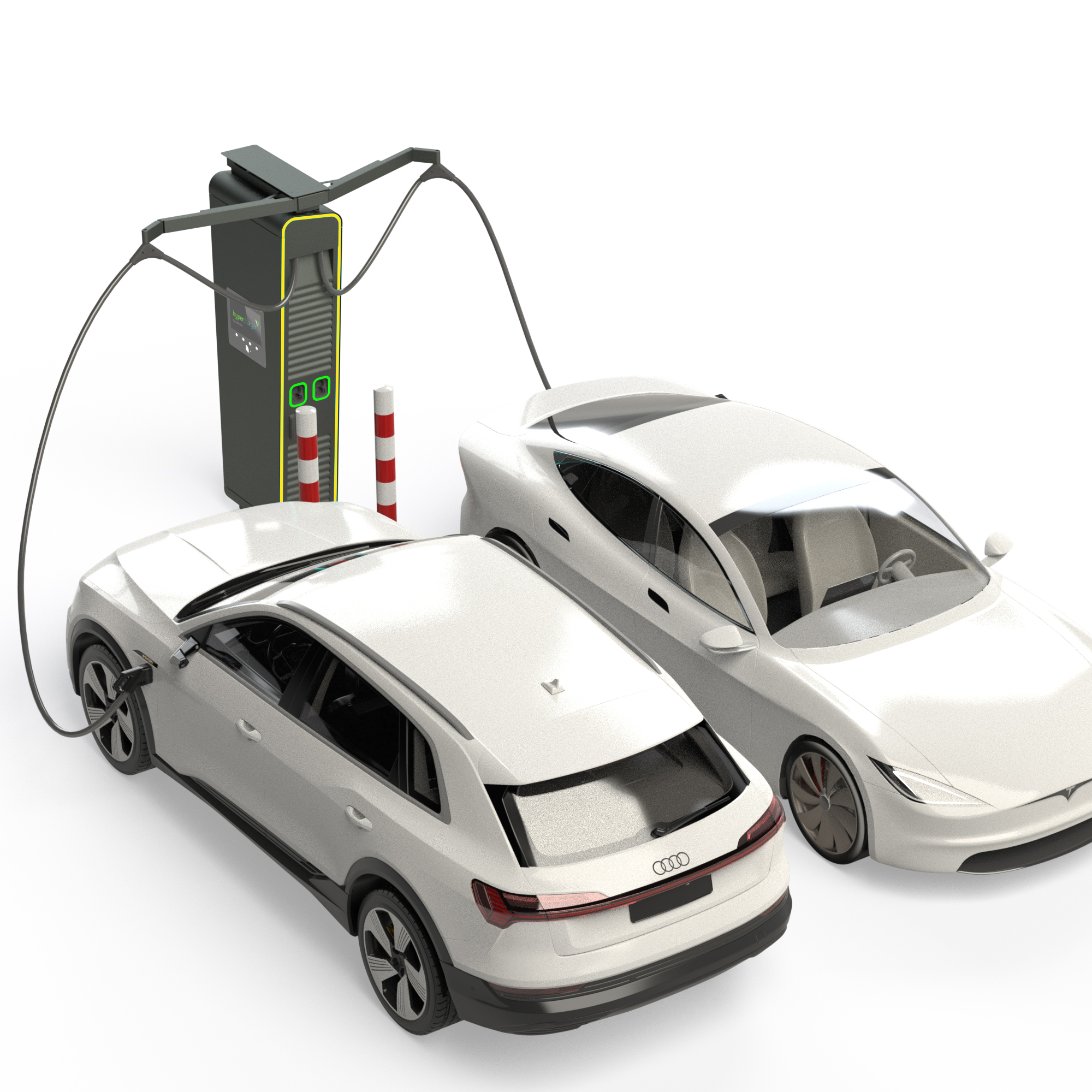 zwei Elektroautos parken an Alpitronic Hypercharger mit Kabelmanagement für HYC150 mit zwei Kabeln