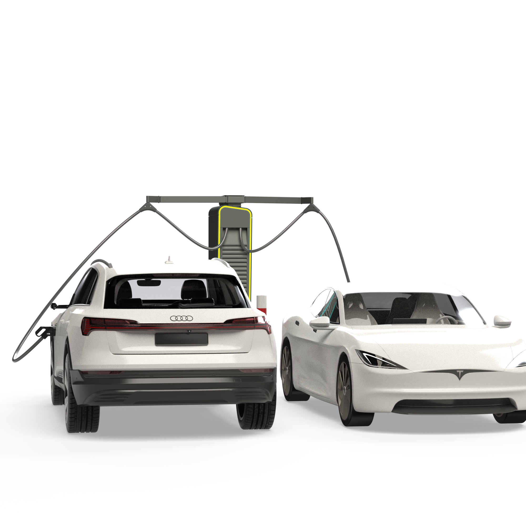zwei Elektroautos parken an Alpitronic Hypercharger mit Kabelmanagement für HYC150 mit zwei Kabeln